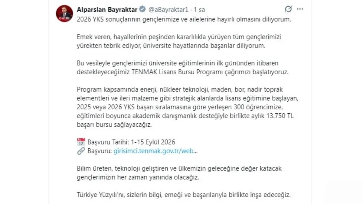 tenmak-lisans-basari-bursu-basvuru-takvimi-ve-sartlari-1784702597127.jpg Program kapsamında seçilen 300 lisans öğrencisine eğitimleri süresince aylık 13 bin 750 lira başarı bursu sağlanacak. (Görsel: X)