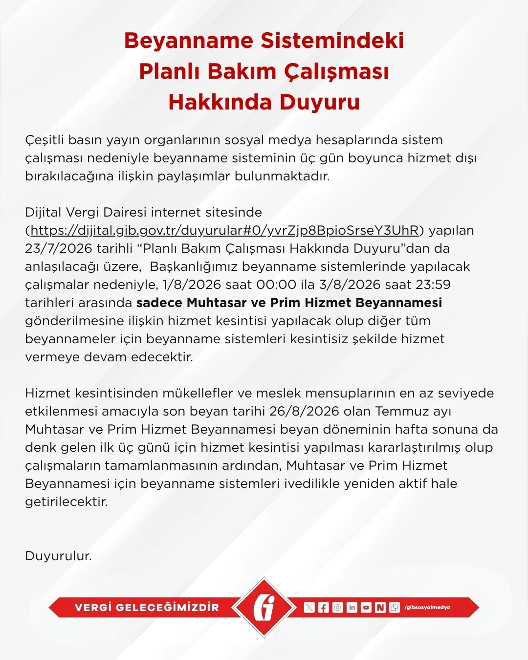 GİB beyanname sistemi 1-3 Ağustos'ta kısmen kapanıyor: Kesinti yalnızca muhtasar ve prim hizmet beyannamesi gönderimini kapsıyor