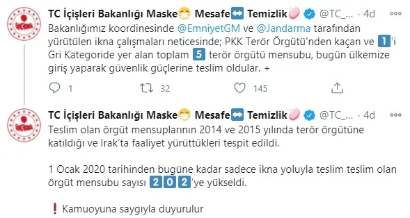 Son dakika haberi | İçişleri Bakanlığı: 1’i gri kategoride yer alan 5 PKK’lı terörist teslim oldu