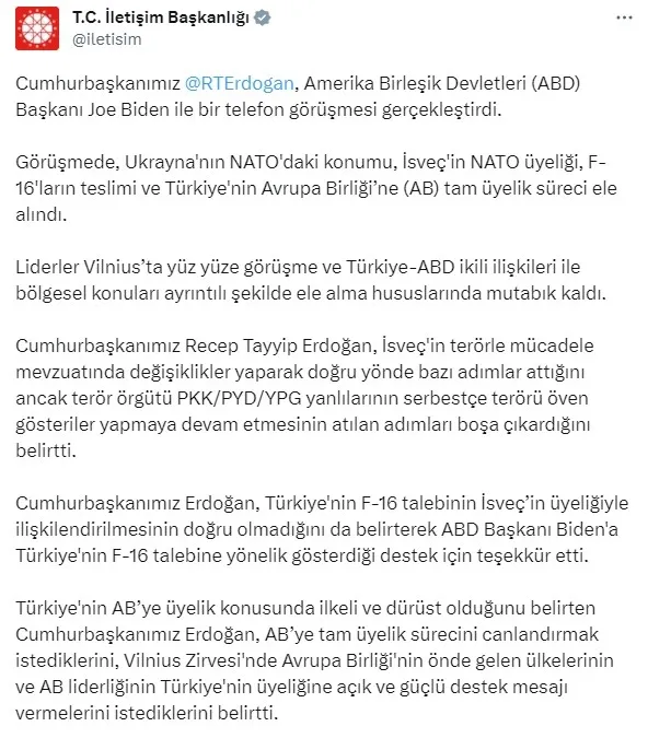 Başkan Erdoğan ABD Başkanı Joe Biden ile telefonda görüştü! Gündem İsveç’in NATO üyeliği ve F-16 meselesi...