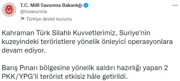Son dakika: Barış Pınarı bölgesine saldırı hazırlığındaki 2 terörist öldürüldü - 1