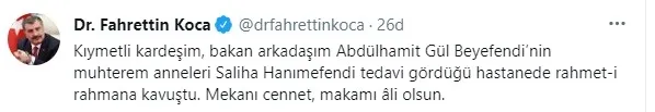 Son dakika: Bakan Abdulhamit Gül'ün annesi vefat etti | Sağlık Bakanı Fahrettin Koca duyurdu - 1
