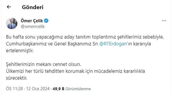 Son dakika | AK Parti’nin pazar günü aday tanıtım toplantısı iptal edildi