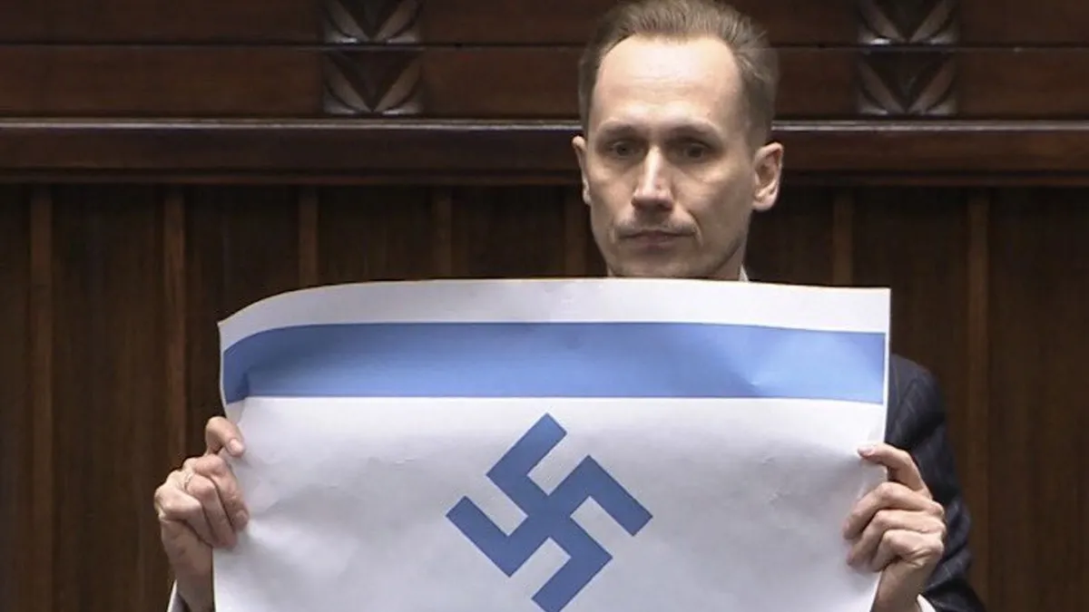 Polonyalı vekilden siyonistlere tarihi ayar! Nazi sembollü İsrail bayrağı açtı