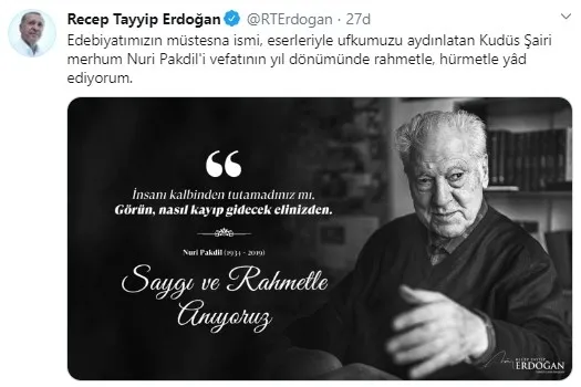 Başkan Erdoğan’dan Nuri Pakdil paylaşımı
