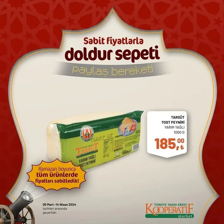 Tarım Kredi Market 30 Mart indirim kataloğu yayınladı! Kaşar peynir 205,00 TL’ye, tost peyniri 185,00 TL’ye, tereyağı 259,00 TL’ye, süt 22,50 TL’ye satışta