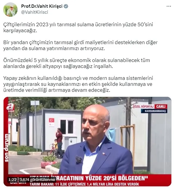 Başkan Recep Tayyip Erdoğan’dan çiftçiye can suyu: Yüzde 50’sini devlet karşılayacak