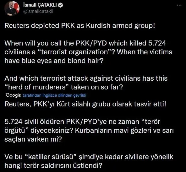 ismail-cataklidan-reutersa-pkk-tepkisi-kurbanlarin-sari-saci-mavi-gozu-olunca-mi-teror-orgutu-diyeceksiniz-1668449198926.jpg İsmail Çataklı'dan Reuters'a 'PKK' tepkisi: Kurbanların sarı saçı mavi gözü olunca mı terör örgütü diyeceksiniz? - 4