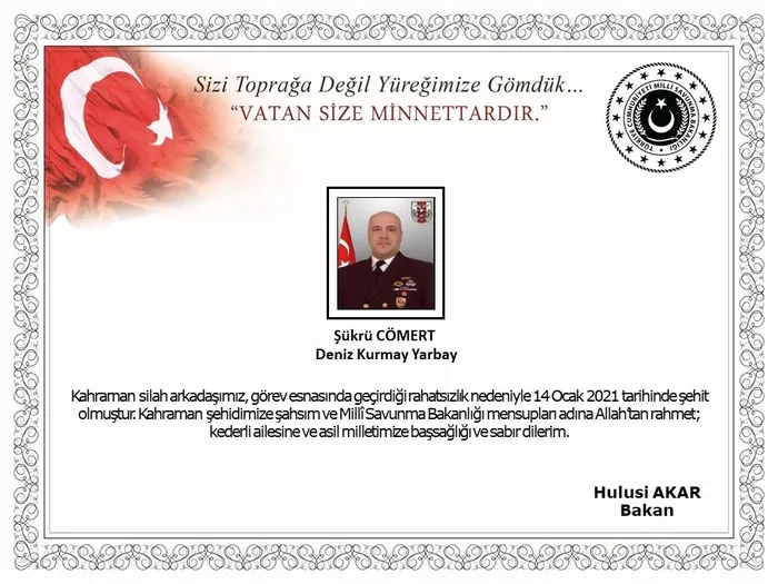 Son dakika haberi | MSB: Deniz Kurmay Yarbay Şükrü Cömert şehit oldu