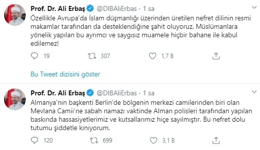 Diyanet İşleri Başkanı Ali Erbaş'tan Berlin'de camiye yapılan polis baskınına tepki - 1