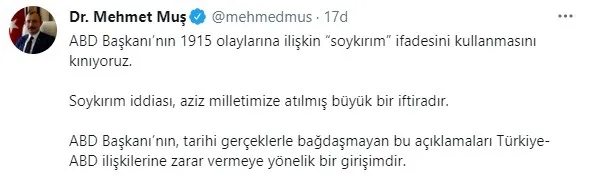 Dışişleri Bakanı Mevlüt Çavuşoğlu’ndan ABD Başkanı Biden’ın soykırım açıklamasına yanıt