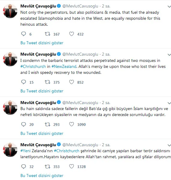 Türkiye’den Yeni Zelanda’ya taziye ve dayanışma mesajı