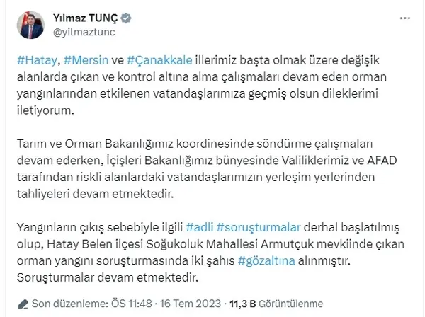 Tarım ve Orman Bakanı İbrahim Yumaklı: Hatay Belen’deki orman yangını büyük oranda kontrol altına alındı