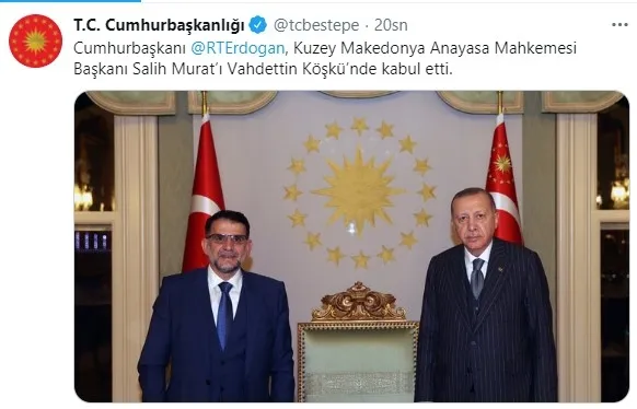 Başkan Erdoğan, Kuzey Makedonya Anayasa Mahkemesi Başkanı Salih Murat’ı kabul etti