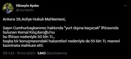 Kemal Kılıçdaroğlu’nun Başkan Erdoğan’a yurt dışına kaçacak iftirasına tazminat cezası! Mahkeme kararını açıkladı