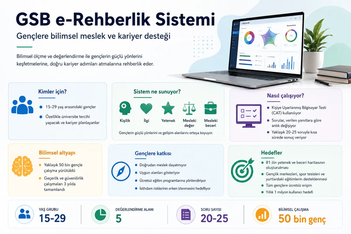 gsb-e-rehberlik-sistemi-meslek-seciminde-dijital-destek-1785415963588.png Kişiye Uyarlanmış Bilgisayar Testi yöntemi, soruları verilen yanıtlara göre değiştirerek değerlendirmelerin yaklaşık 20-25 soruda tamamlanmasını sağlıyor.