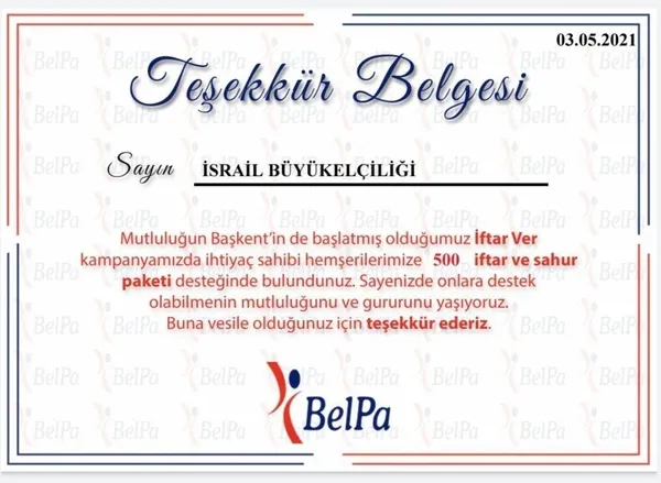 Mansur Yavaş yönetiminden İsrail Büyükelçiliği’ne teşekkür belgesi