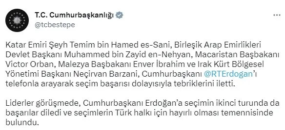 Başkan Erdoğan’a dünya liderlerinden tebrik telefonu