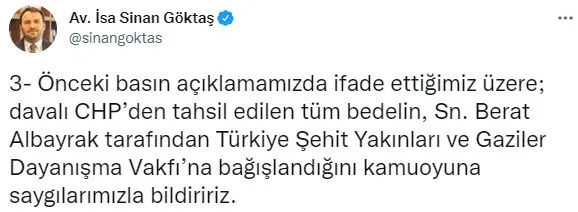 Son dakika: Hazine ve Maliye eski Bakanı Berat Albayrak CHP’den tahsil edilen tazminat parasını bağışladı!