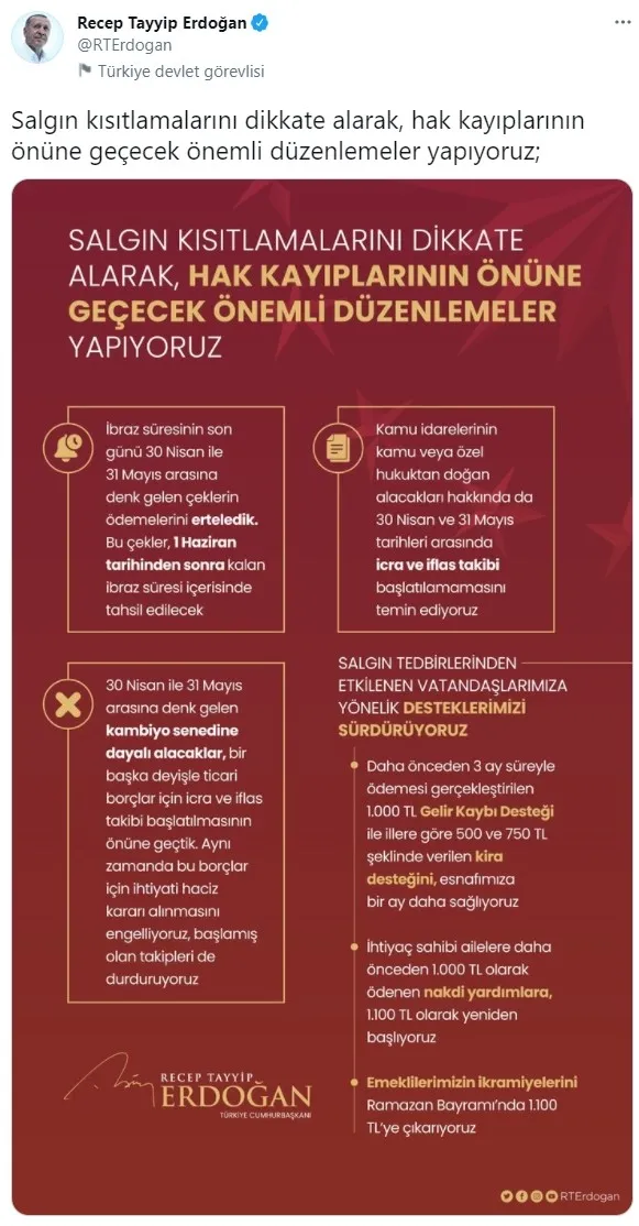 Başkan Erdoğan'dan "destek" açıklaması! İşte Kovid-19 salgın kısıtlamalarında hak kayıplarına yönelik düzenlemeler... - 1