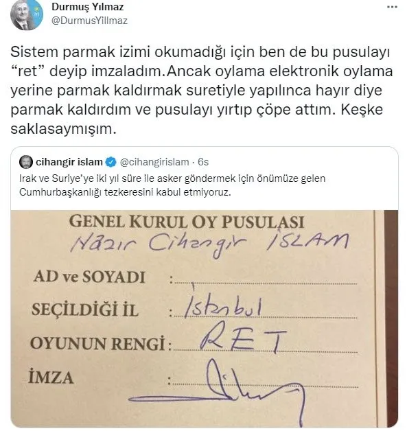 İYİ Partili Durmuş Yılmaz Irak ve Suriye tezkeresine hayır dedi! Sosyal medyadan duyurdu