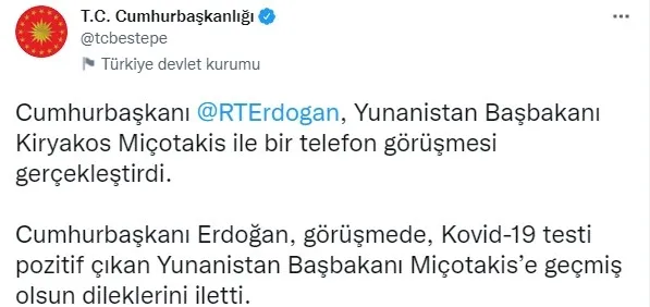 Başkan Erdoğan'dan Yunanistan Başbakanı Miçotakis’e geçmiş olsun telefonu - 1