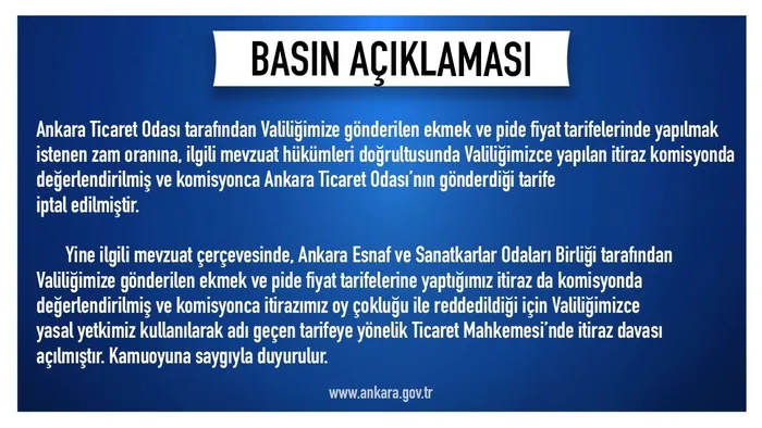 Ankara Valiliğinden ekmek ve pide fiyatlarına zam oranı hakkında açıklama: ATO’nun tarifesi iptal edildi