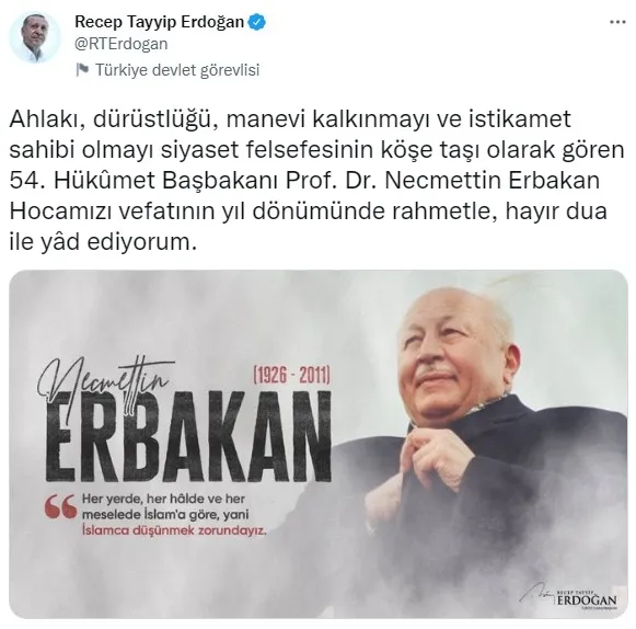 Başkan Erdoğan'dan Necmettin Erbakan paylaşımı - 1
