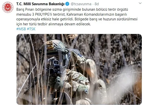 Son dakika: Milli Savunma Bakanlığı: Barış Pınarı bölgesinde 3 PKK-YPG’li terörist öldürüldü