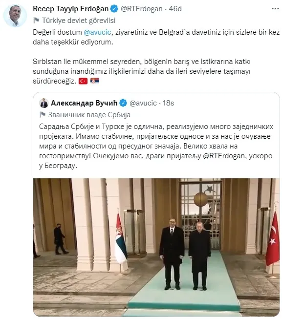 baskan-erdogandan-sirbistan-baskani-vucice-tesekkur-1642603793883.jpg Başkan Erdoğan'dan Sırbistan Cumhurbaşkanı Aleksandar Vucic'e teşekkür - 1