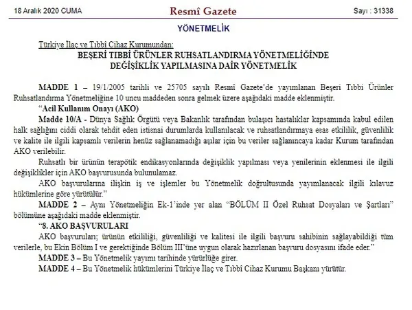 Kovid-19 aşısı için flaş düzenleme: Yönetmeliğe "acil kullanım onayı" hükmü eklendi - 1