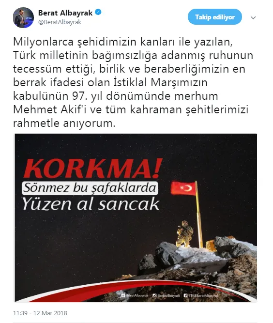 Bakan Albayrak'tan İstiklal Marşı mesajı - 1
