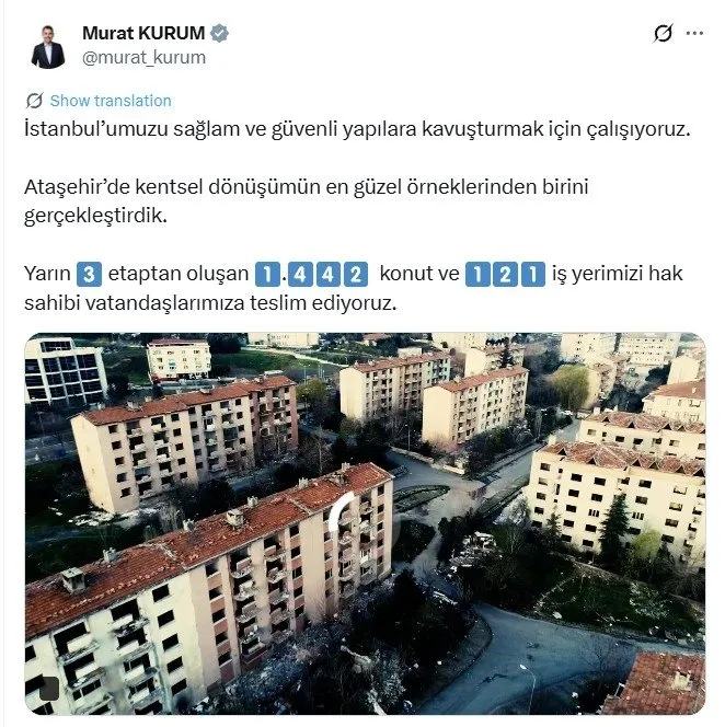 Murat Kurum tarihi açıkladı: Kentsel dönüşümü tamamlanan konut ve iş yerleri teslim edildi