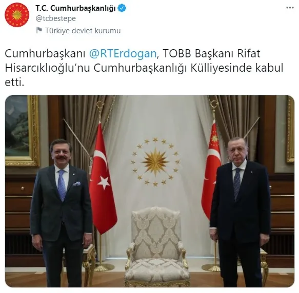 Başkan Erdoğan TOBB Başkanı Rifat Hisarcıklıoğlu’nu kabul etti
