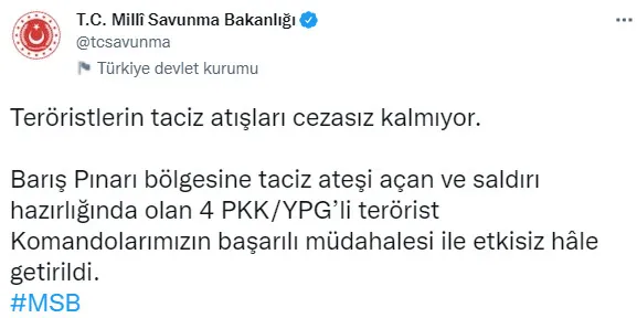 Son dakika: Milli Savunma Bakanlığı'ndan Barış Pınarı açıklaması! 4 terörist etkisiz hale getirdi - 1