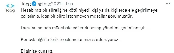 togg-twitter-hesabinin-kurtarildigini-acikladi-1650840556059.jpg Togg'dan açıklama: Kötü niyetli kişiler... - 1