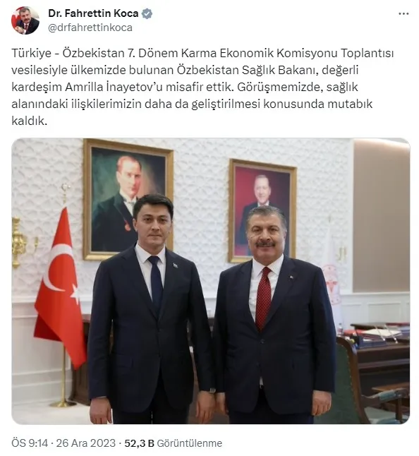 Sağlık Bakanı Koca, Özbek mevkidaşı İnoyatov ile görüştü
