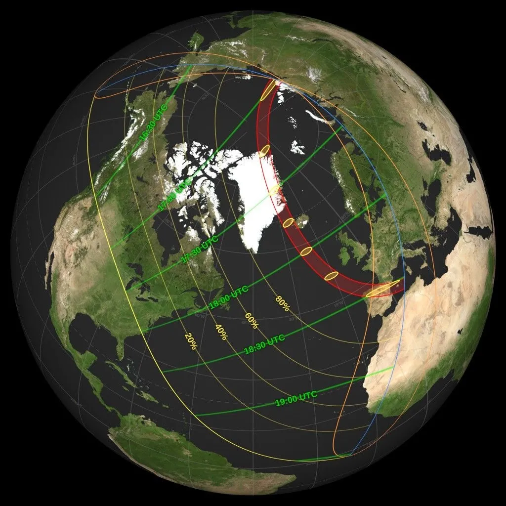 1786185870742.jpg NASA'nın haritasında kırmızı hat tam tutulmanın görüleceği bölgeyi, sarı çizgiler ise parçalı tutulmada Güneş'in ne kadarının Ay tarafından örtüleceğini gösteriyor.
