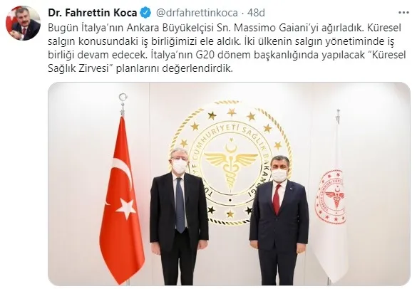 Sağlık Bakanı Fahrettin Koca, Macaristan Dışişleri Bakanı Peter Szijjarto ve Büyükelçi Massimo Gaiani ile görüştü