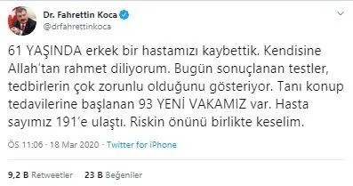 Son dakika: Sağlık Bakanı Fahrettin Koca koronavirüsten 1 kişinin daha hayatını kaybettiğini açıkladı - 1