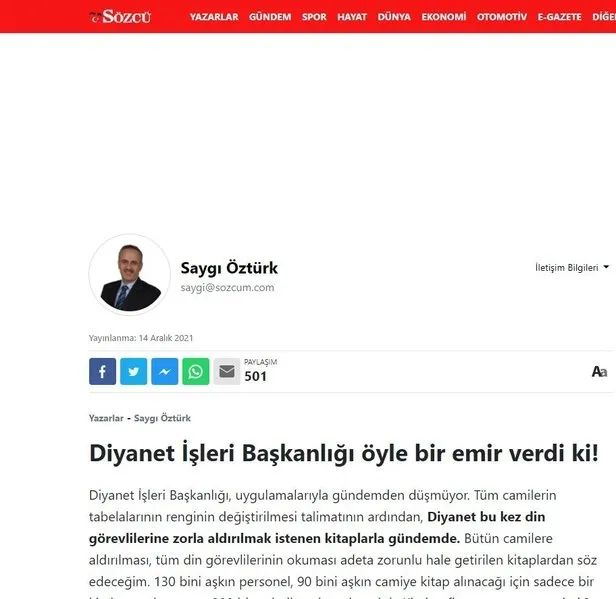 Son dakika: Diyanet İşleri Başkanlığı'ndan Sözcü Gazetesi Yazarı Saygı Öztürk'ün iddialarına yalanlama - 1