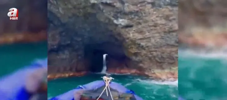Dünyanın en uzun ikinci deniz mağarası! İçinden şelale akan mağaradan botla geçtiler