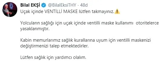 Son dakika: THY Genel Müdürü Bilal Ekşi'den yolculara uyarı: Uçakta lütfen ventilli maske takmayın - 1