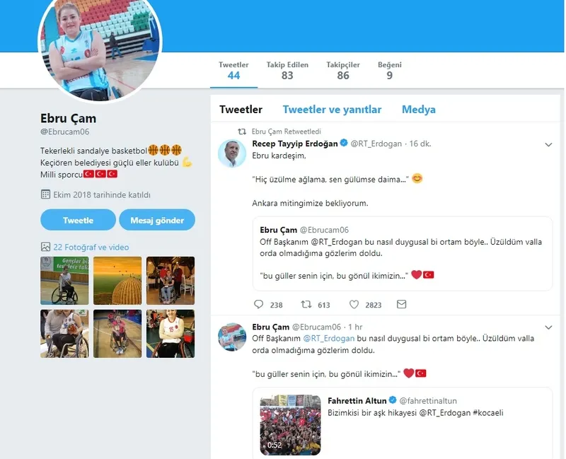 Başkan Erdoğan milli sporcu Ebru Çam’ı Ankara mitingine davet etti