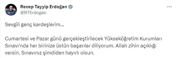 baskan-erdogan-sosyal-medya-hesabindan-sinava-gireceklere-yonelik-paylasimda-bulundu-allah-zihin-acikligi-vers-1686940487769.jpg Başkan Erdoğan sosyal medya hesabından sınava gireceklere yönelik paylaşımda bulundu! "Allah zihin açıklığı versin" - 1