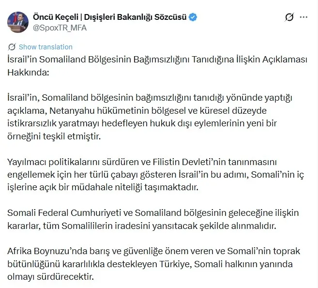 Türkiye’den İsrail’in Somaliland iddiasına sert yanıt: Hukuk dışı adımları reddediyoruz