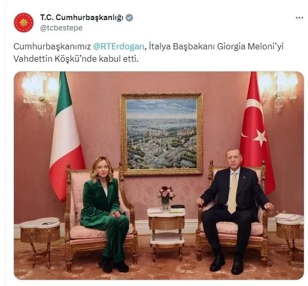 İtalya Başbakanı Giorgia Meloni Türkiye’de! Başkan Erdoğan Vahdettin Köşkü’nde kabul etti