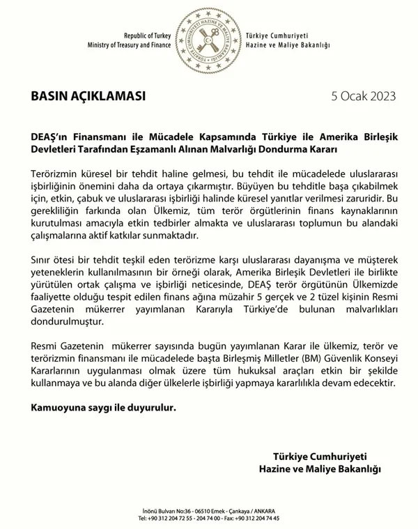 Dışişleri ile Hazine Bakanlıklarından DEAŞ şebekesinin malvarlıklarının dondurulmasına ilişkin açıklama - 2