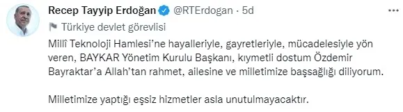 Başkan Erdoğan’dan BAYKAR Yönetim Kurulu Başkanı Özdemir Bayraktar için taziye mesajı