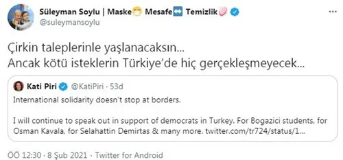 İçişleri Bakanı Süleyman Soylu’dan Türkiye’nin içişlerine karışan Kati Piri’ye sert tepki: Kirli taleplerinle yaşlanacaksın